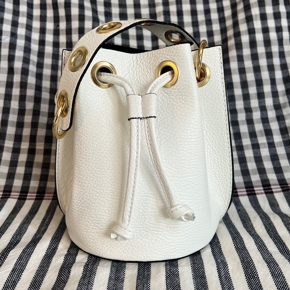 Genuine Leather White Crossbody Bucket Bag with Top Handle Made in Italy